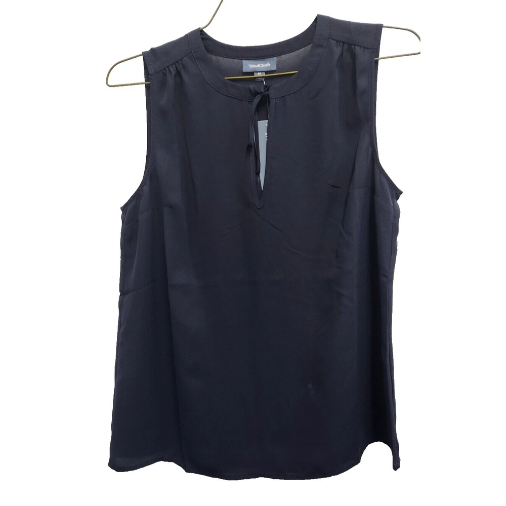 Modcloth Sleeveless Blouse Top Medium Navy Tie Neck Chiffon Minimalist NWT